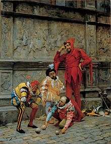 Painting of jesters playing Cochonnet by Eduardo Zamacois y Zabala.