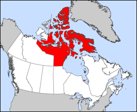 Nunavut is the Canadian territory that lies east of the Northwest Territories and north of Manitoba. Much of it is north of Ontario and Quebec too.